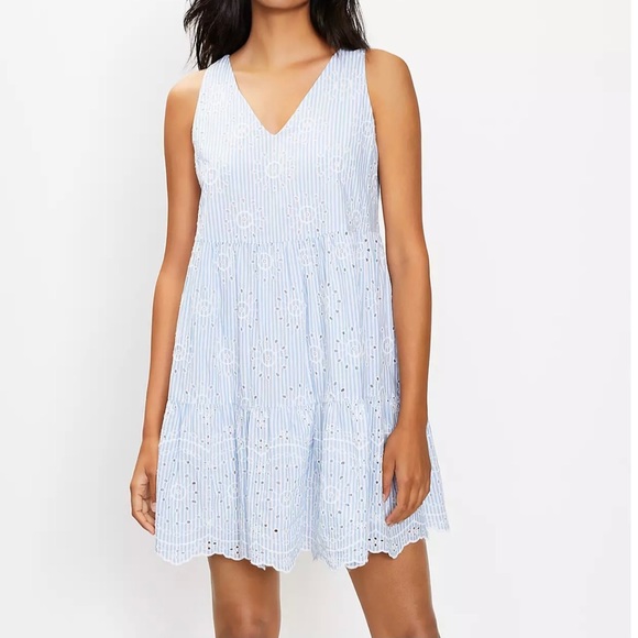 LOFT Eyelet Striped Tiered Swing Dress - Picture 3 of 6